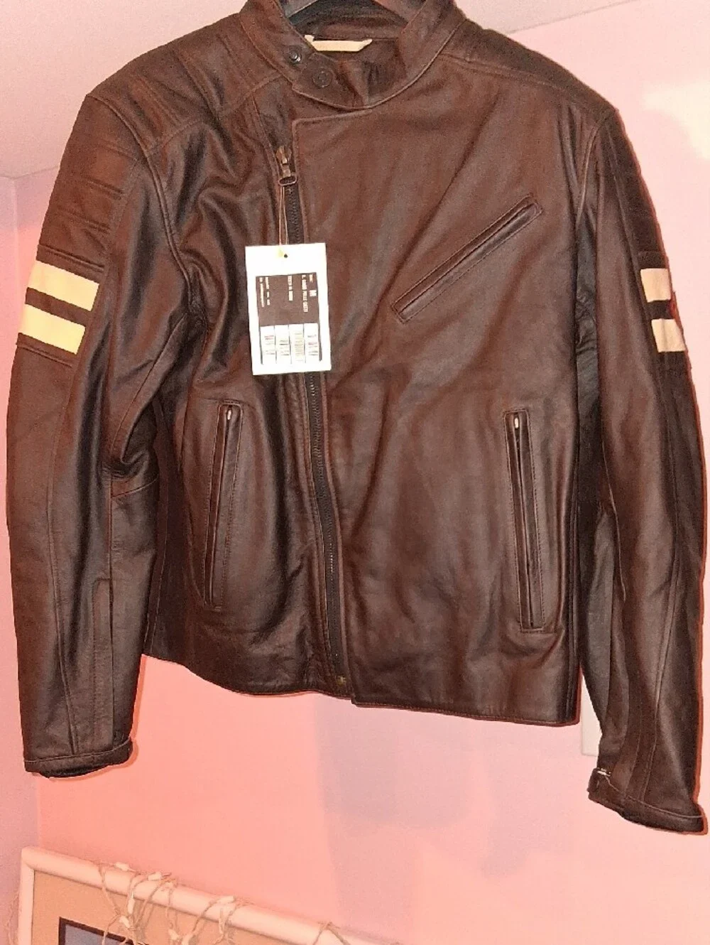 Black Leather Bomber Jacket with White Sleeve Stripes